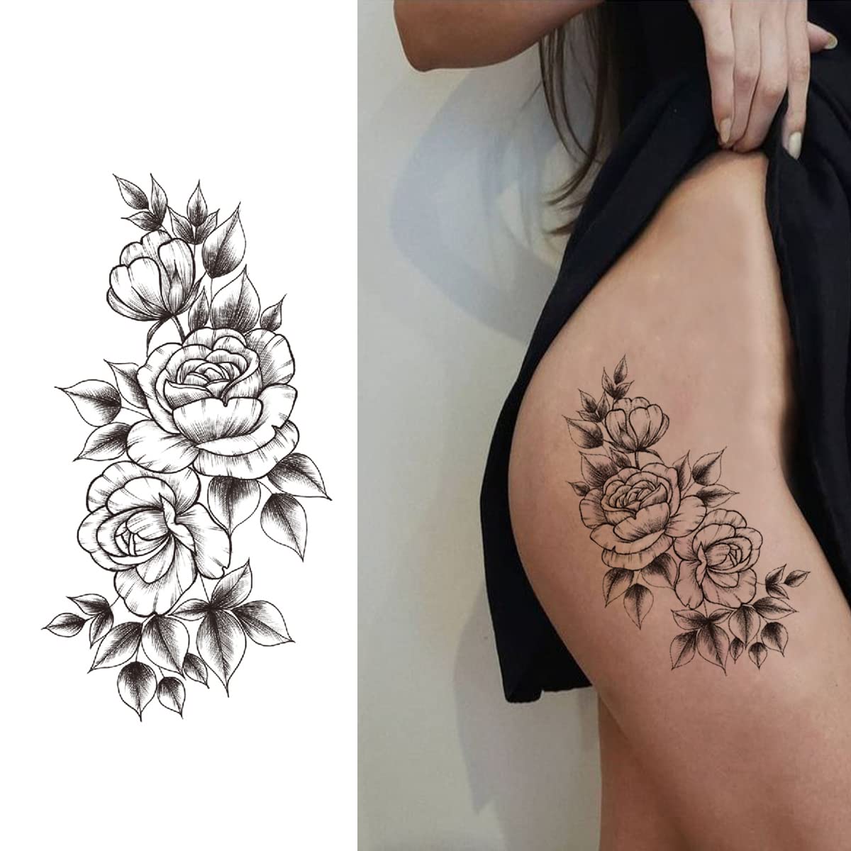 Tazimi 10 Sheets 3D Black Flower Rose Temporary Tattoos For Women, Waterproof Fake Body Art Arm Sketch Tattoo Stickers For Women Girls