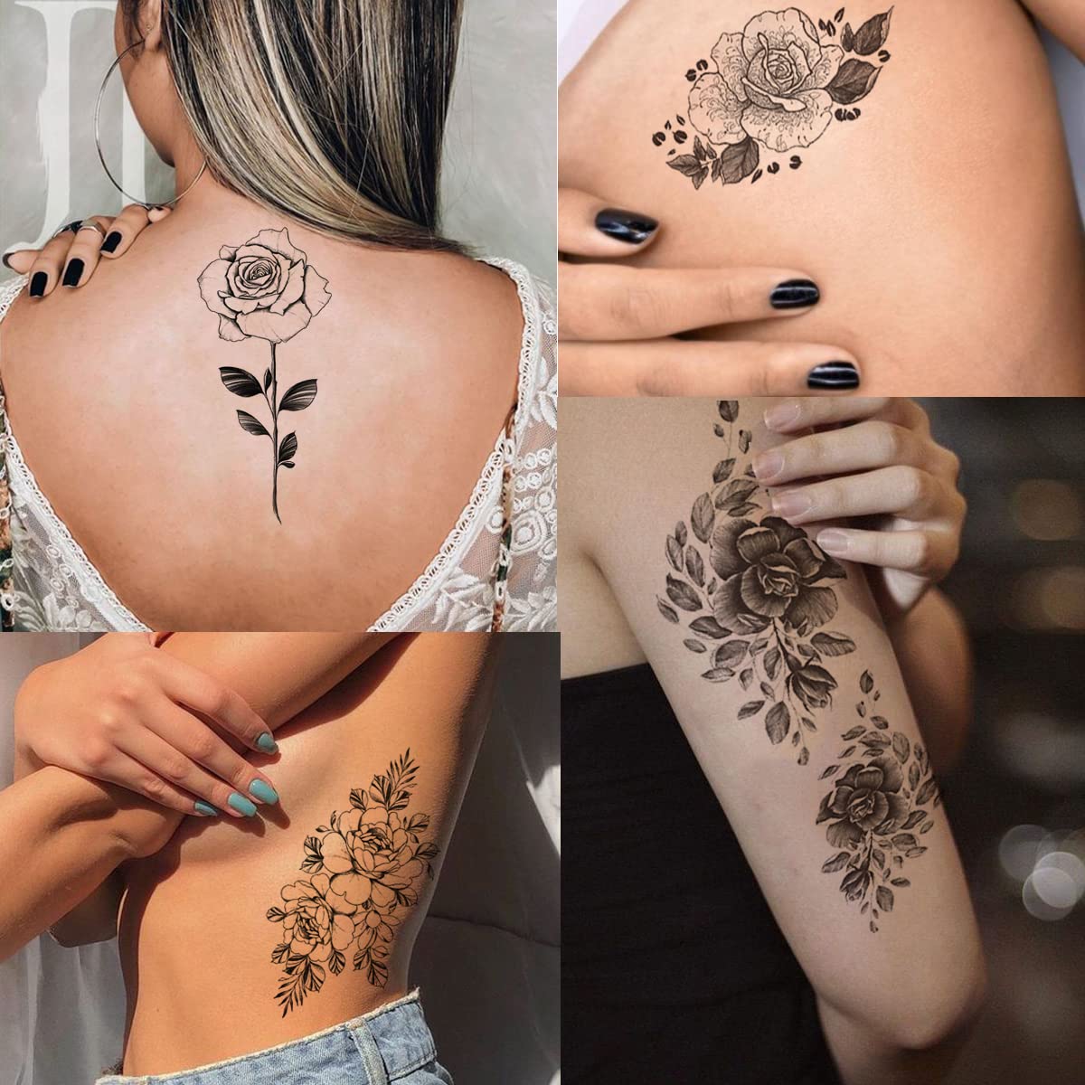 Tazimi 10 Sheets 3D Black Flower Rose Temporary Tattoos For Women, Waterproof Fake Body Art Arm Sketch Tattoo Stickers For Women Girls