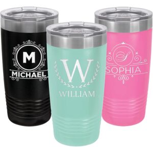 personalized monogram initial and name coffee tumblers 20 oz. laser engraved in stainless steel vacuum insulated travel mug cup with lid, custom gifts for him, her