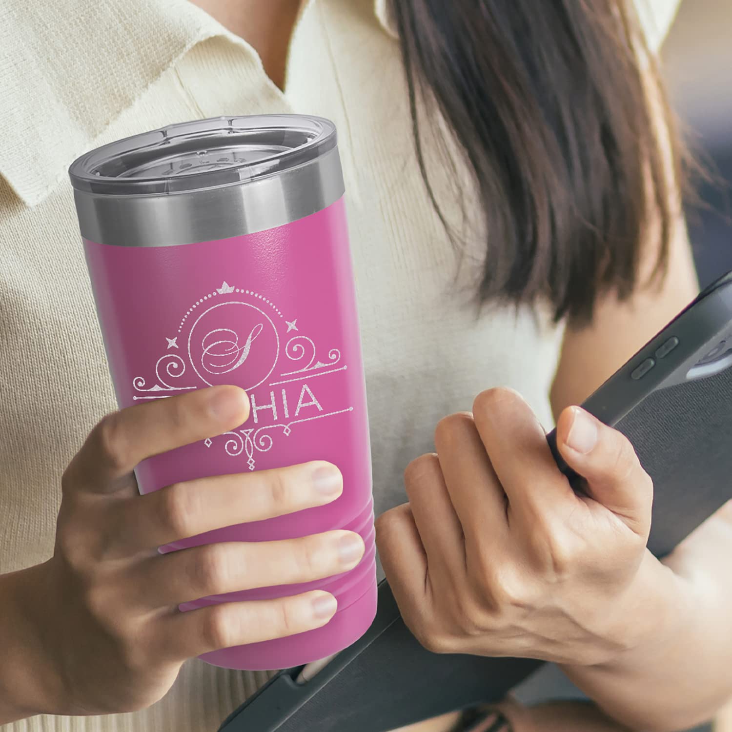 Personalized Monogram Initial and Name Coffee Tumblers 20 oz. Laser Engraved in Stainless Steel Vacuum Insulated Travel Mug Cup with Lid, Custom Gifts for Him, Her