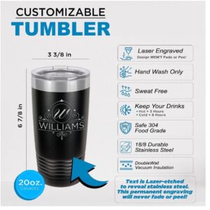 Personalized Monogram Initial and Name Coffee Tumblers 20 oz. Laser Engraved in Stainless Steel Vacuum Insulated Travel Mug Cup with Lid, Custom Gifts for Him, Her