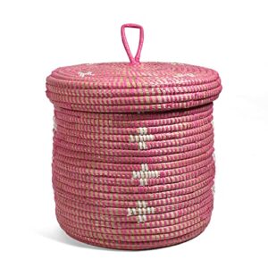 african fair trade handwoven 9-inch lidded basket, pink with white blossoms