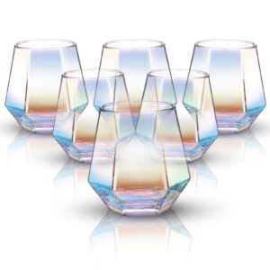 nihome iridescent diamond stemless wine glasses 10oz set of 6, unique colorful crystal tumblers for red & white wine, cocktails, whiskey, gift for women & men