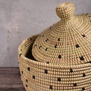 African Fair Trade Handwoven Warming Basket, Cream with Black Dots