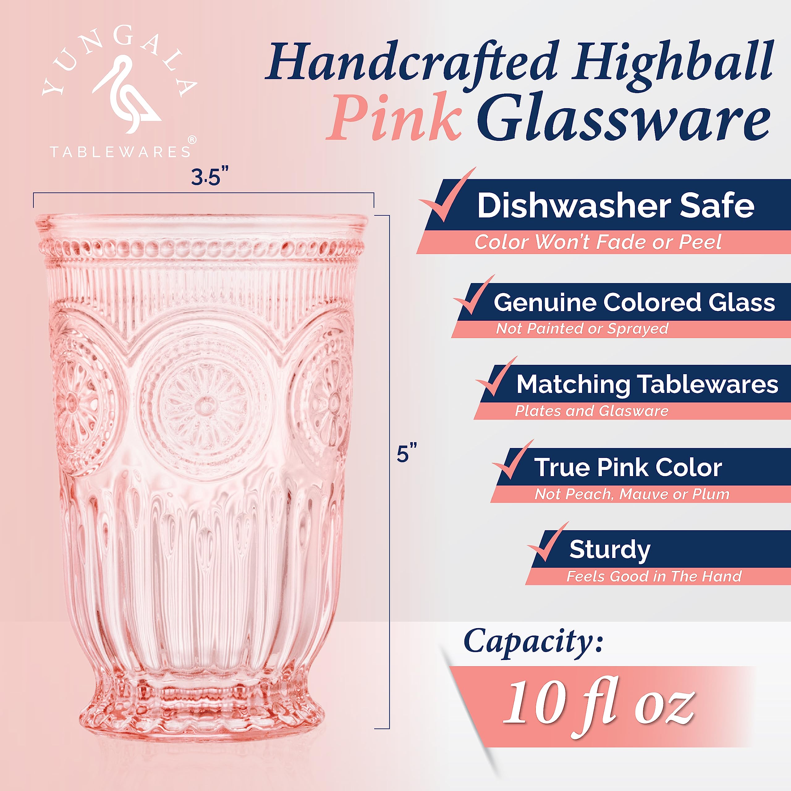 Pink Glassware Bundle - Vintage Glassware Collection for Party - Wine Glasses Set of Pink Goblets and 6 Pink Tall Tumblers - Matching Pink Drinking Glasses with Sunflower Emboss Design