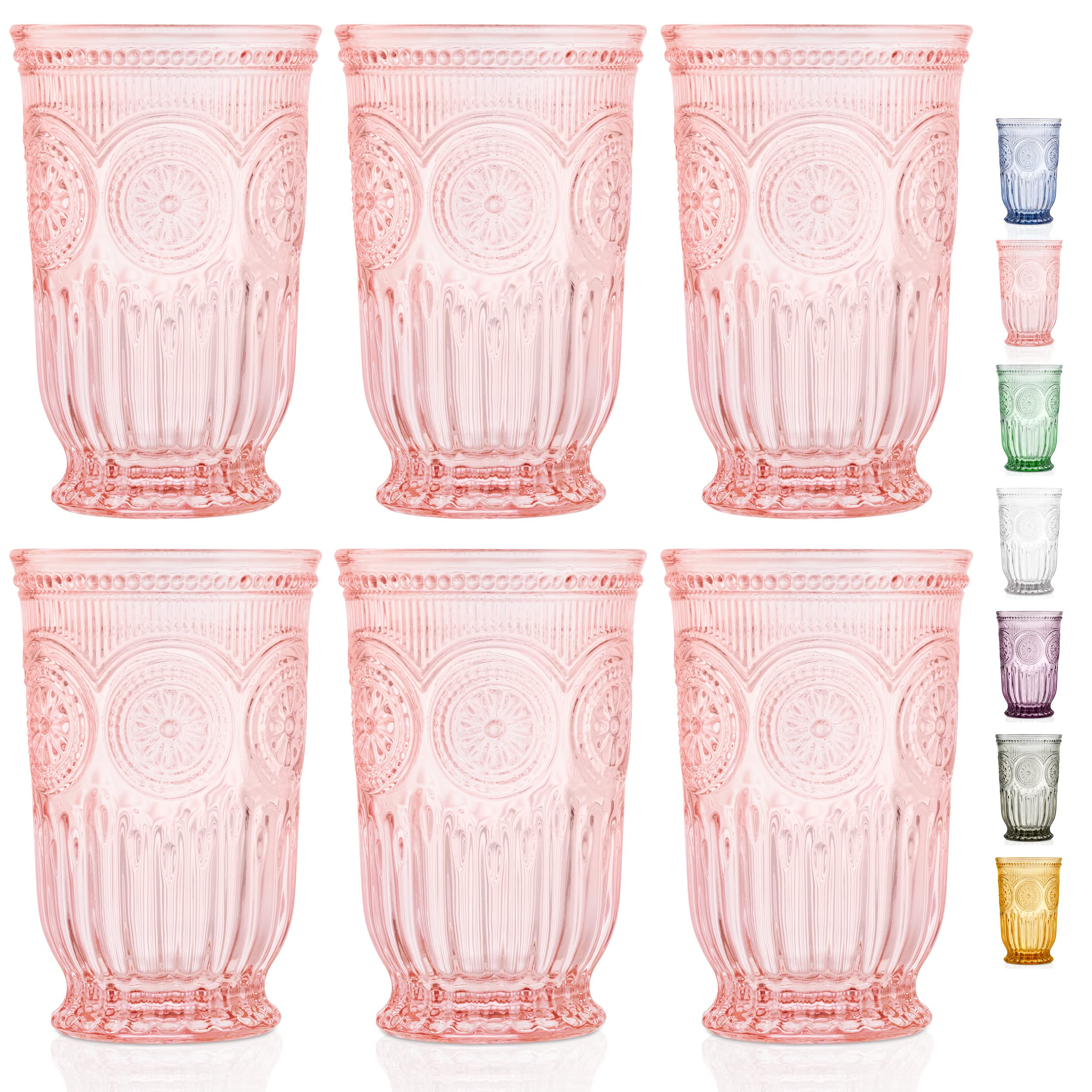 Pink Glassware Bundle - Vintage Glassware Collection for Party - Wine Glasses Set of Pink Goblets and 6 Pink Tall Tumblers - Matching Pink Drinking Glasses with Sunflower Emboss Design