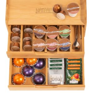 Bamboo Coffee Pods Holder Storage Compatible with Keurig K Cup Espresso Pods Tea Bag Organizer Drawer with Lip Panel for Kitchen Office Coffee Bar