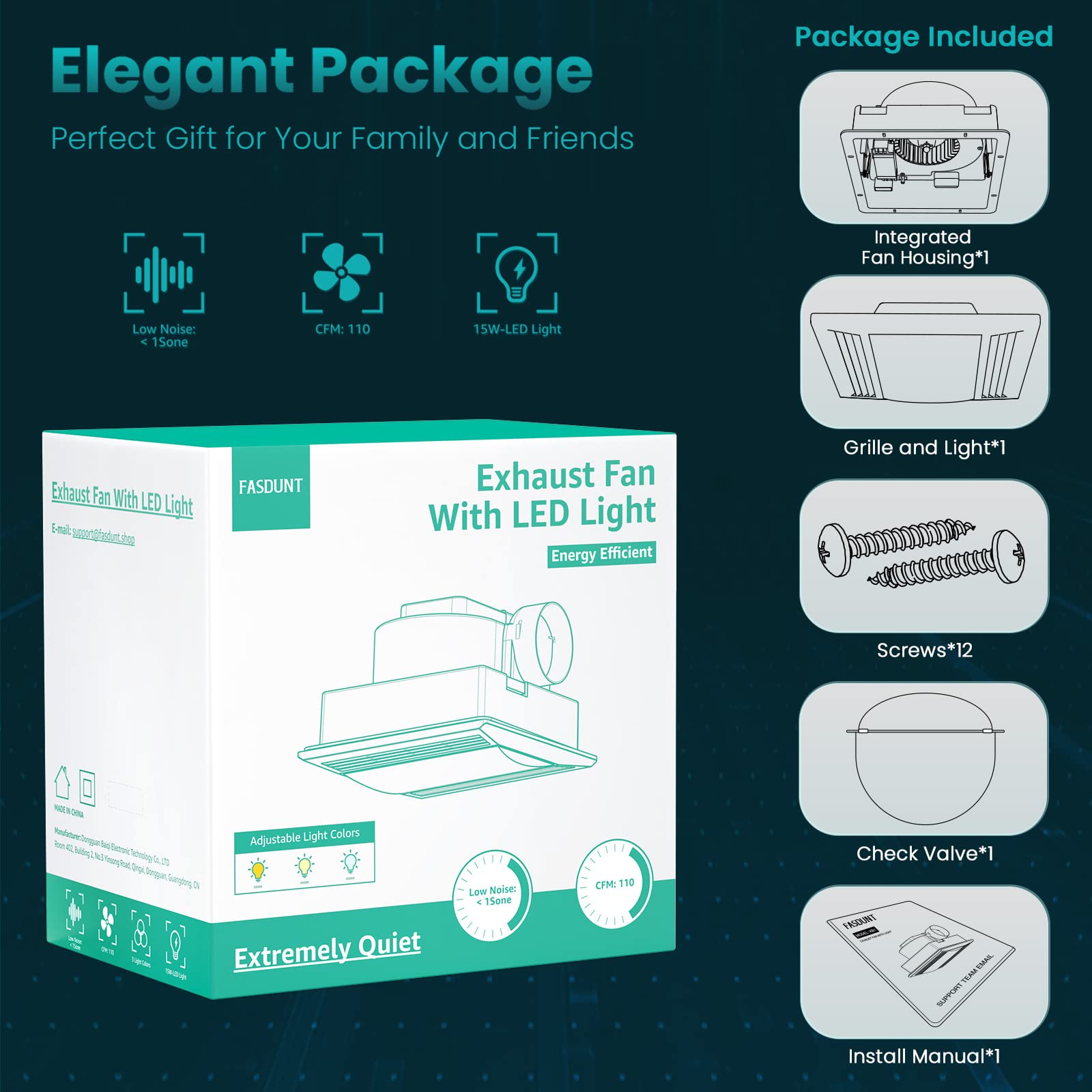 FASDUNT Bathroom Exhaust Fan with Light, 30W 110 CFM Bathroom Fan with LED Light Combo, 1.0 Sones Quiet Bathroom Vent Fan with Light 1500lm 3000K/4000K/6000K Selectable