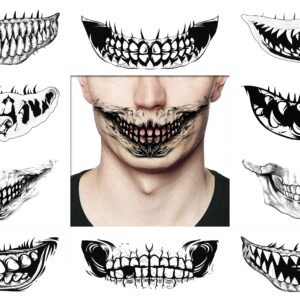 halloween prank makeup temporary tattoo for adults fake face skeleton scary smile black big mouth clown tattoo stickers for women man kids accessories cosplay party masquerade props 10pcs