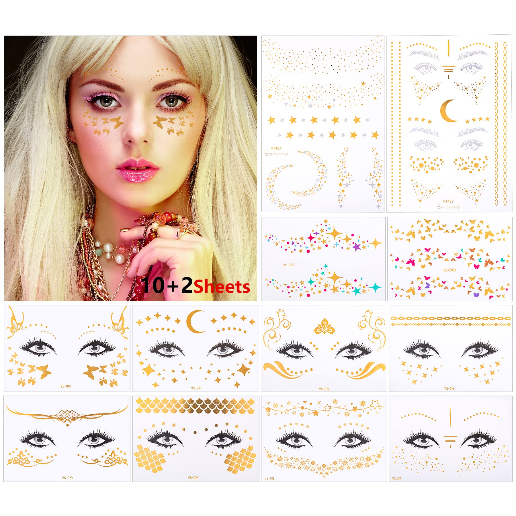 12 Sheets Face Metallic Shiny Temporary Tattoos Sticker, Halloween Face Glitter Gold Water Transfer Freckle Flash Tattoo for Women Girls Halloween Makeup Dancer Costume Parties Rave Musical Festivals