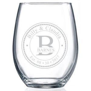 personalized stemless wine glasses (21oz) - laser engraved anniversary & wedding wine glasses w/names & date - dishwasher safe. custom wine glasses - permanently etched couples gifts