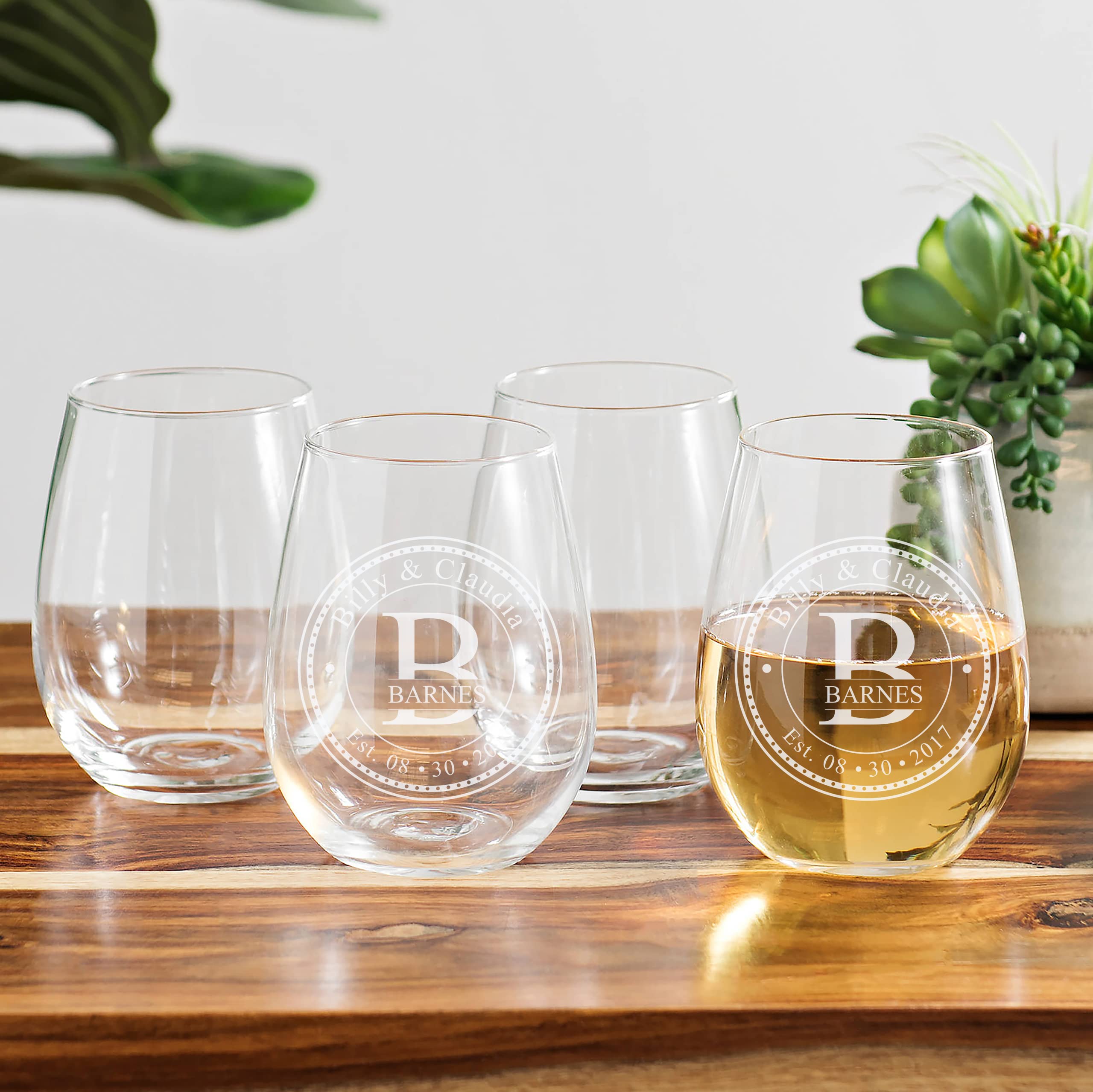 Personalized Stemless Wine Glasses (21oz) - Laser Engraved Anniversary & Wedding Wine Glasses w/Names & Date - Dishwasher Safe. Custom Wine Glasses - Permanently Etched Couples Gifts