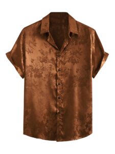 floerns men's floral jacquard short sleeve button front satin shirt blouse top brown xl