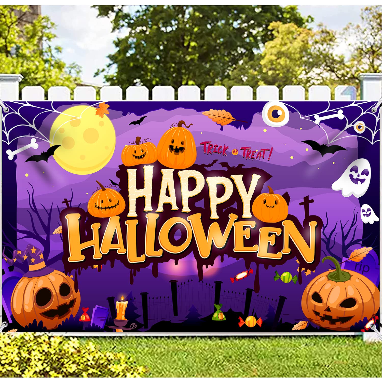 tineit Happy Halloween Backdrop, Large 71" X 43" Happy Halloween Banner, Halloween Backdrops for Photography, Halloween Backdrop for Kids Outdoor Halloween Party Decorations