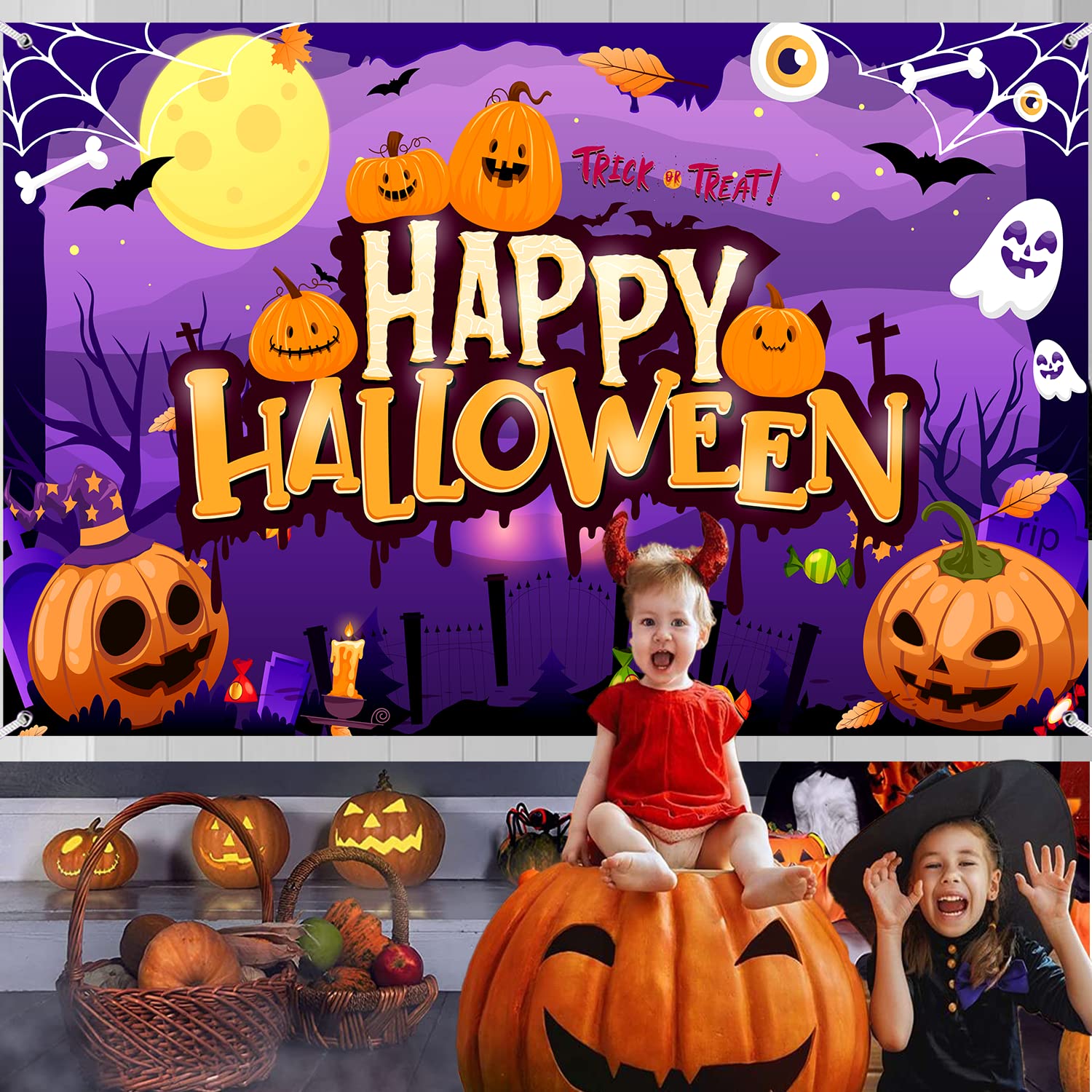 tineit Happy Halloween Backdrop, Large 71" X 43" Happy Halloween Banner, Halloween Backdrops for Photography, Halloween Backdrop for Kids Outdoor Halloween Party Decorations