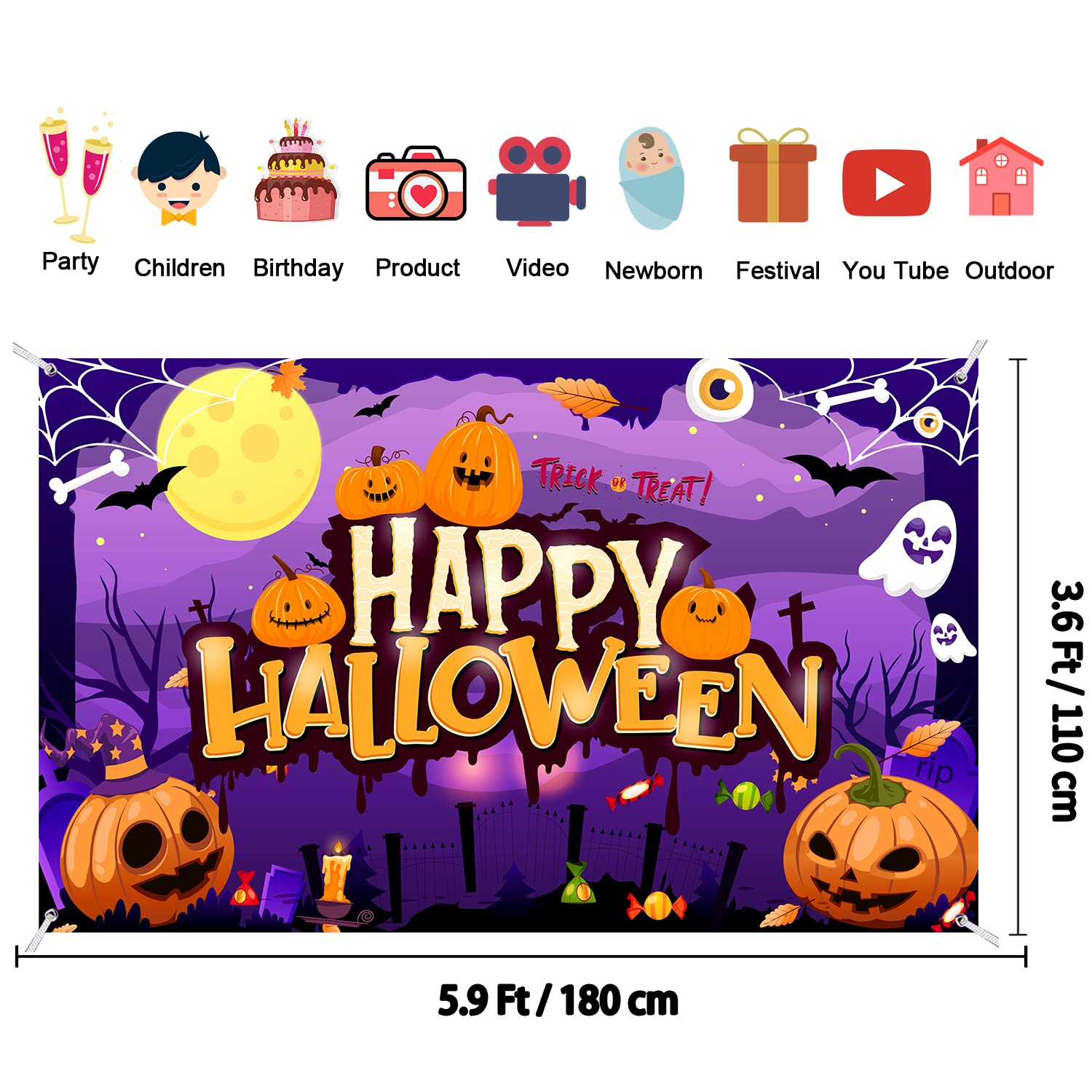 tineit Happy Halloween Backdrop, Large 71" X 43" Happy Halloween Banner, Halloween Backdrops for Photography, Halloween Backdrop for Kids Outdoor Halloween Party Decorations