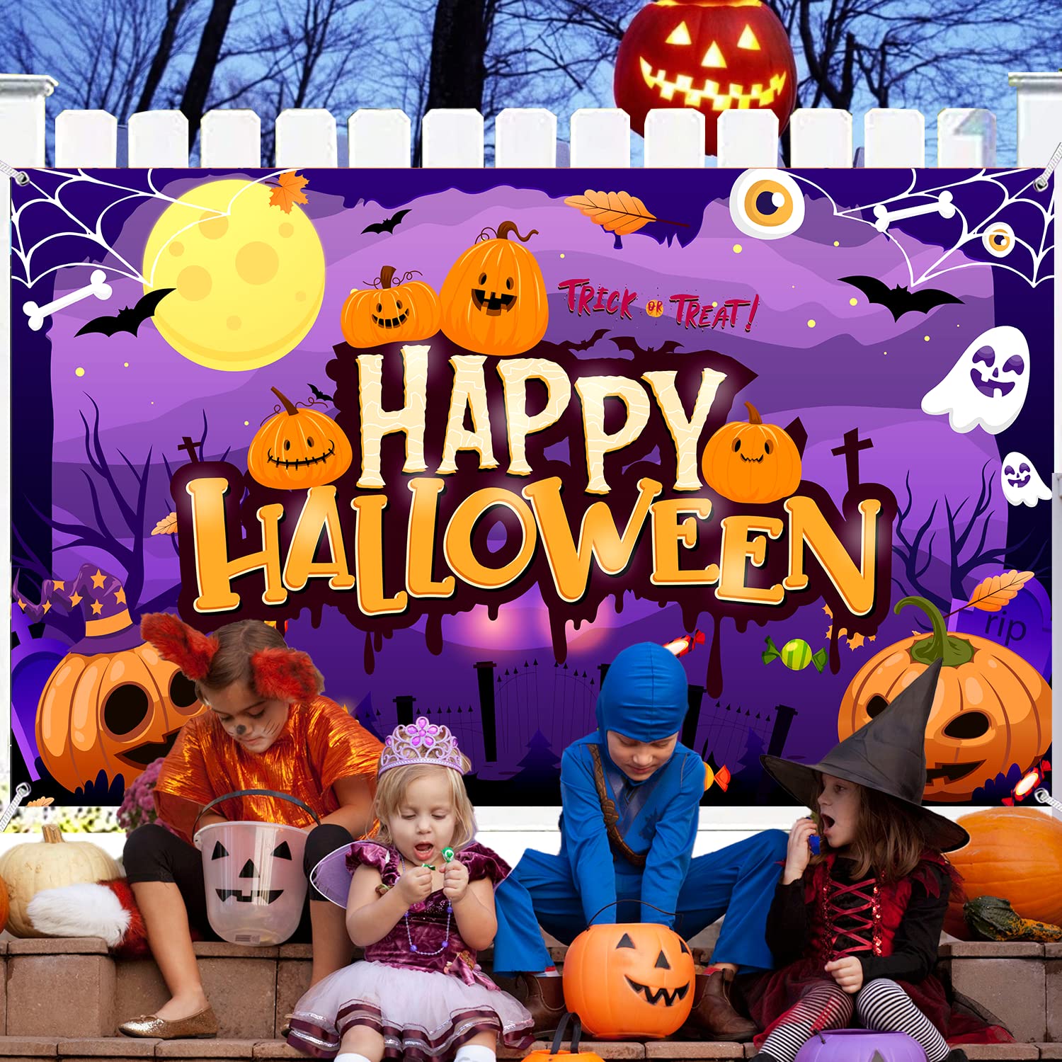 tineit Happy Halloween Backdrop, Large 71" X 43" Happy Halloween Banner, Halloween Backdrops for Photography, Halloween Backdrop for Kids Outdoor Halloween Party Decorations