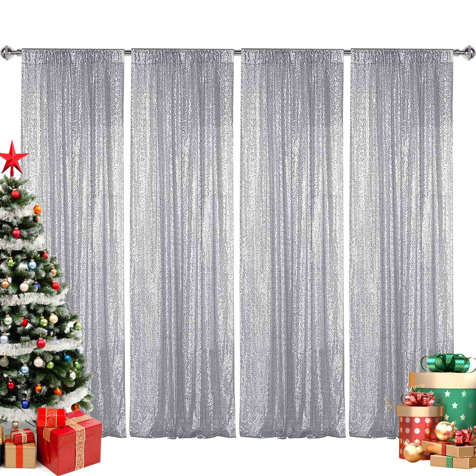 Sugargirl Silver Sequin Backdrop Curtain 4 Panels 2FTx8FT Glitter Silver Background Drapes Sparkle Photography Backdrop for Party Wedding Birthday Wall Decoration