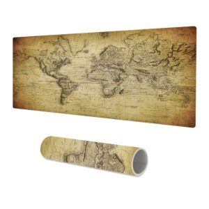 qiyi large gaming desk pad, waterproof pu leather desk mat, antique art xxl laptop keyboard mouse pad, brown desk cover protector home office décor, extended size 31.5" x 15.7" - vintage world map
