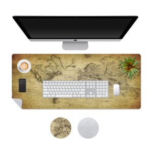 QiyI Large Gaming Desk Pad, Waterproof PU Leather Desk Mat, Antique Art XXL Laptop Keyboard Mouse Pad, Brown Desk Cover Protector Home Office Décor, Extended Size 31.5" x 15.7" - Vintage World Map