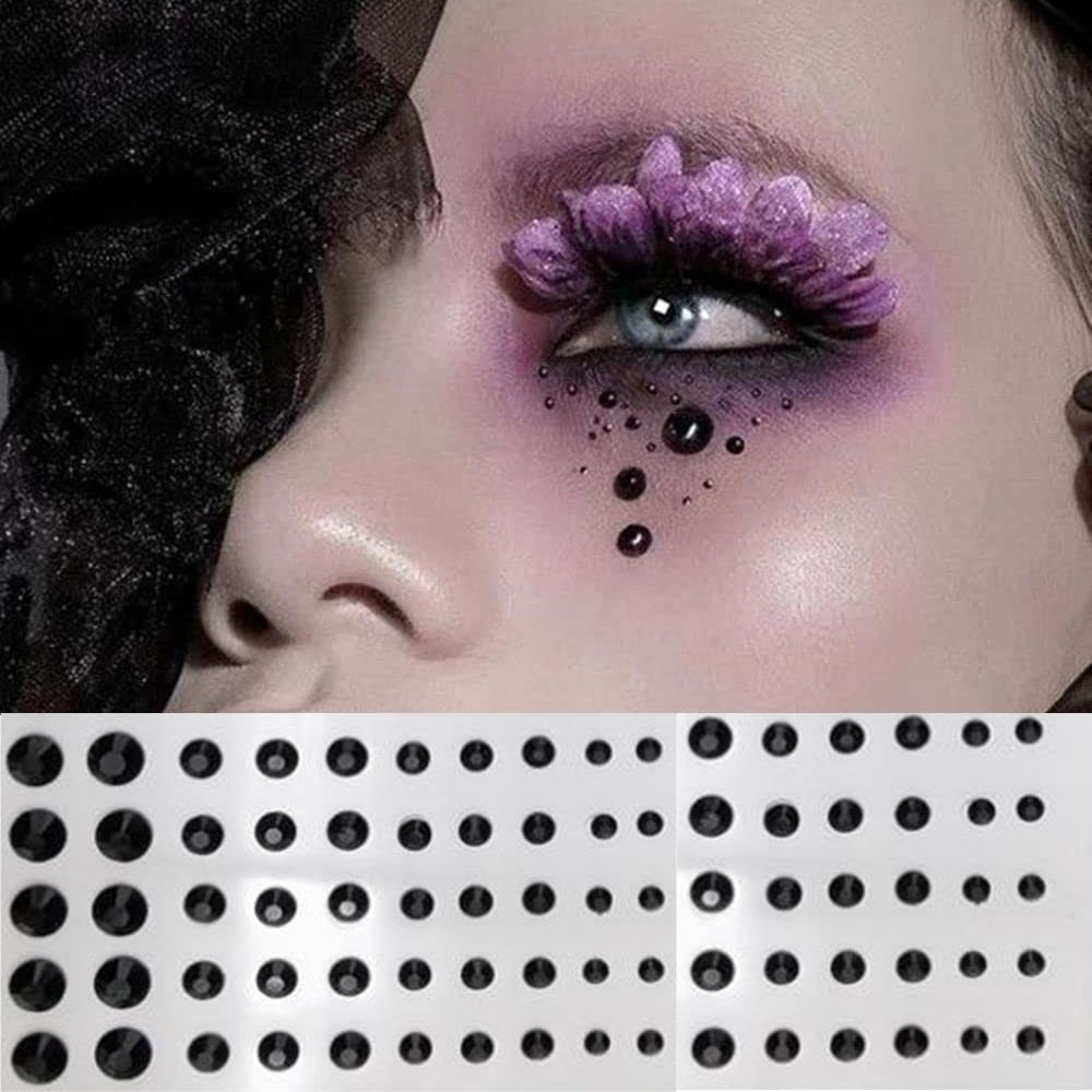 Black Rhinestone Stickers Self Adhesive Face Gems Stick on Body Jewels Eye Bling Jewels Decal Crystal Hair Diamonds for Makeup Rave Accessories Embellishments for Crafts for Women and Girls 2Pcs