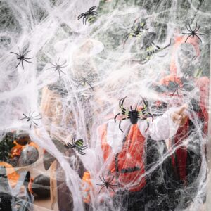 berenlu 1100 sqft spider web decoration, super stretchy halloween spider web with 65 extra fake spiders, halloween decoration, creepy halloween party indoor decoration, halloween outdoor decoration