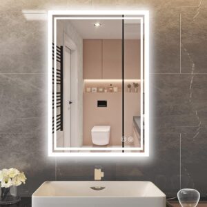 n-hocezyg led bathroom mirror 36 x 28 with front and backlight, lighted bathroom vanity mirror, wall mounted anti-fog makeup mirror, 3 colors warm/natural/white lights (vertical/horizontal)
