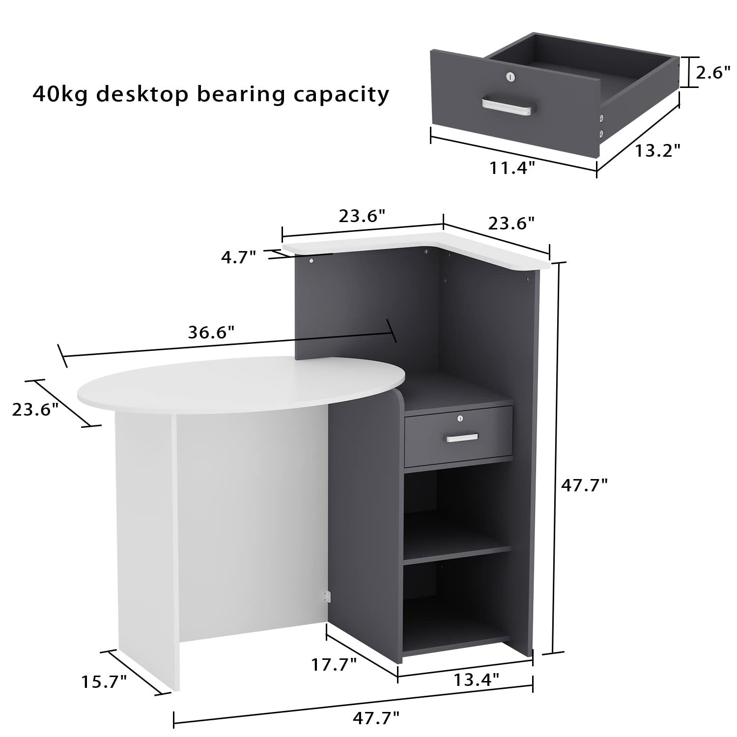 AIEGLE Reception Desk, Front Counter Desk with Lockable Drawers, for Salon Reception Room Checkout Office, White Round Table & Dark Grey Counter (50" L x 23.6" W x 43.3" H)