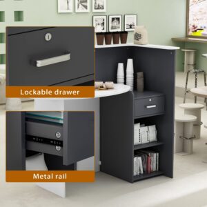 AIEGLE Reception Desk, Front Counter Desk with Lockable Drawers, for Salon Reception Room Checkout Office, White Round Table & Dark Grey Counter (50" L x 23.6" W x 43.3" H)