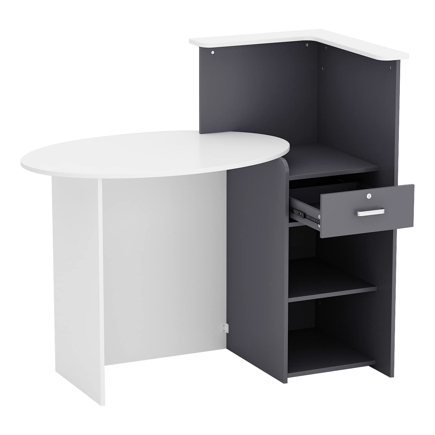AIEGLE Reception Desk, Front Counter Desk with Lockable Drawers, for Salon Reception Room Checkout Office, White Round Table & Dark Grey Counter (50" L x 23.6" W x 43.3" H)