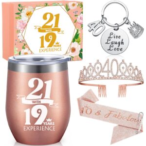 sieral 40th birthday gifts box for women including 21 with 19 years experience wine tumbler, 40th tiara, 40th birthday sash, 40th birthday keychain for women friends lover mom coworker(40th style)