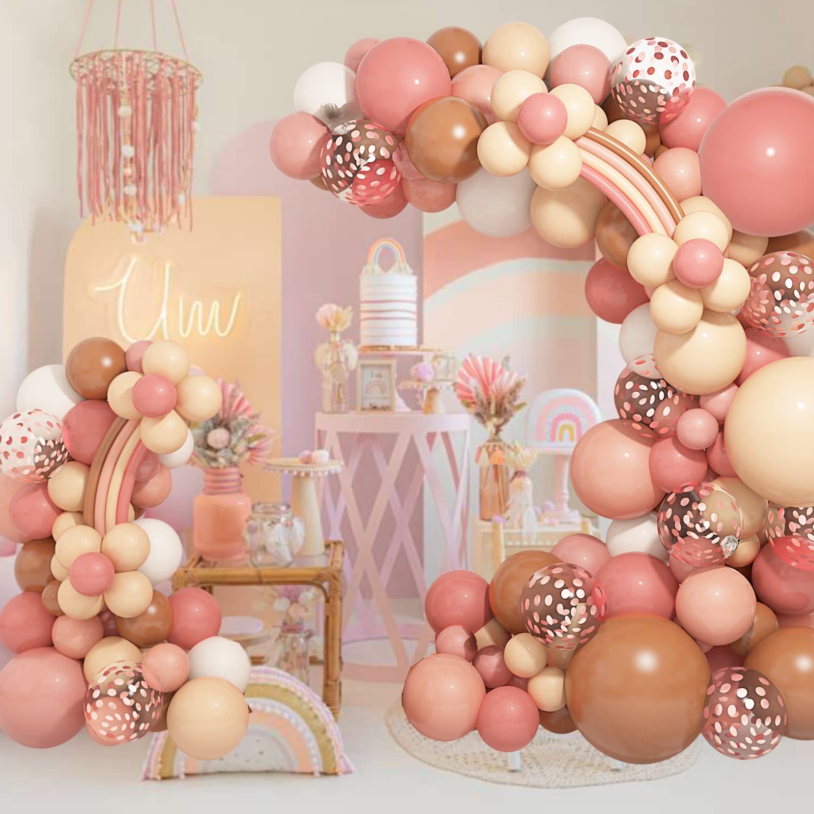 Amandir Boho Daisy Balloons Garland Kit, Retro Dusty Pink Blush Brown Nude Long Twisting Flower Mother's Day Balloons for Two Groovy Boho Rainbow Party Decorations Mom Birthday Baby Shower Supplies