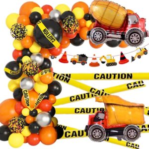 amandir construction party balloon garland kit, construction birthday party supplies with orange black truck foil balloon caution tape truck banner for construction quarantine party decorations