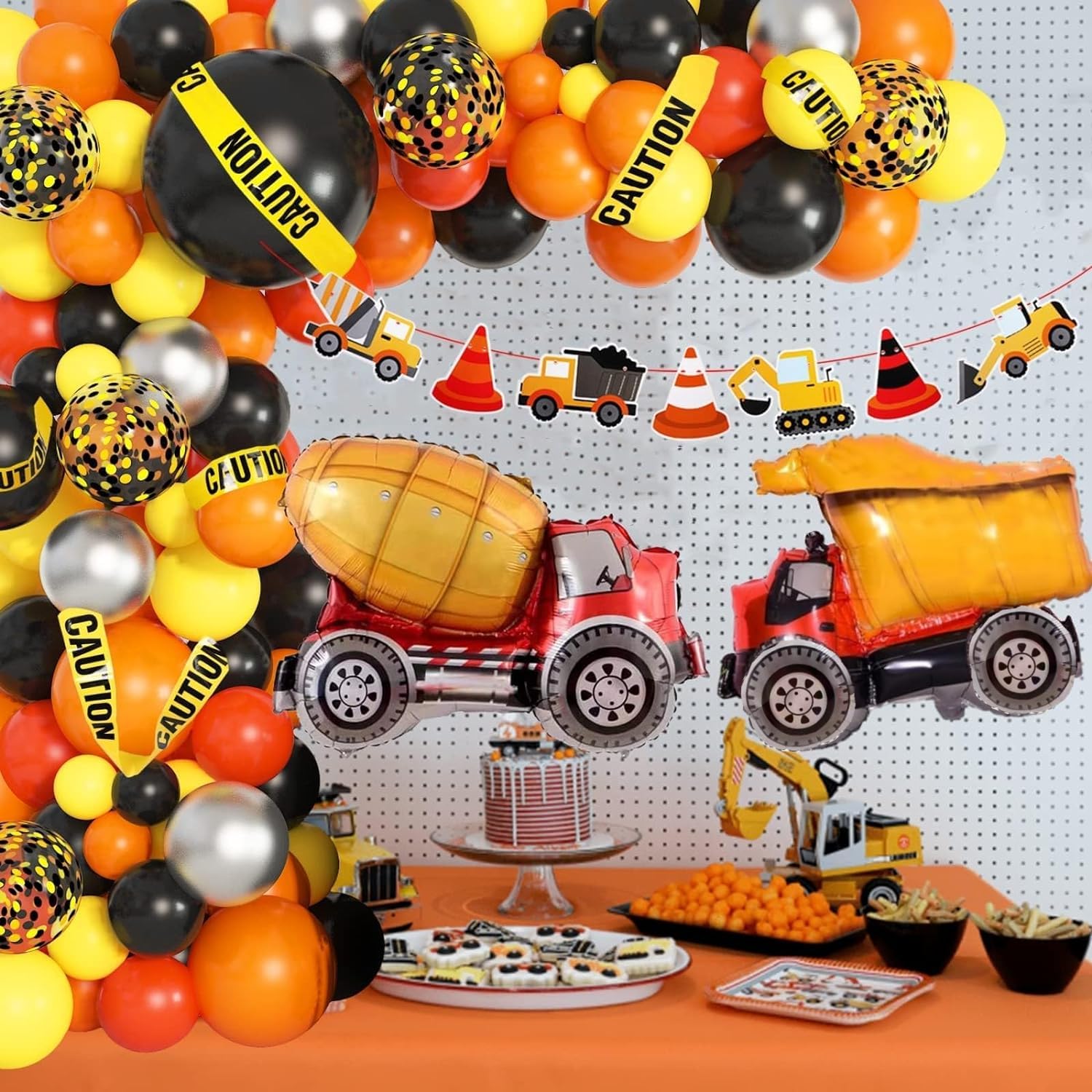 Amandir Construction Party Balloon Garland Kit, Construction Birthday Party Supplies with Orange Black Truck Foil Balloon Caution Tape Truck Banner for Construction Quarantine Party Decorations