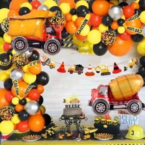 Amandir Construction Party Balloon Garland Kit, Construction Birthday Party Supplies with Orange Black Truck Foil Balloon Caution Tape Truck Banner for Construction Quarantine Party Decorations