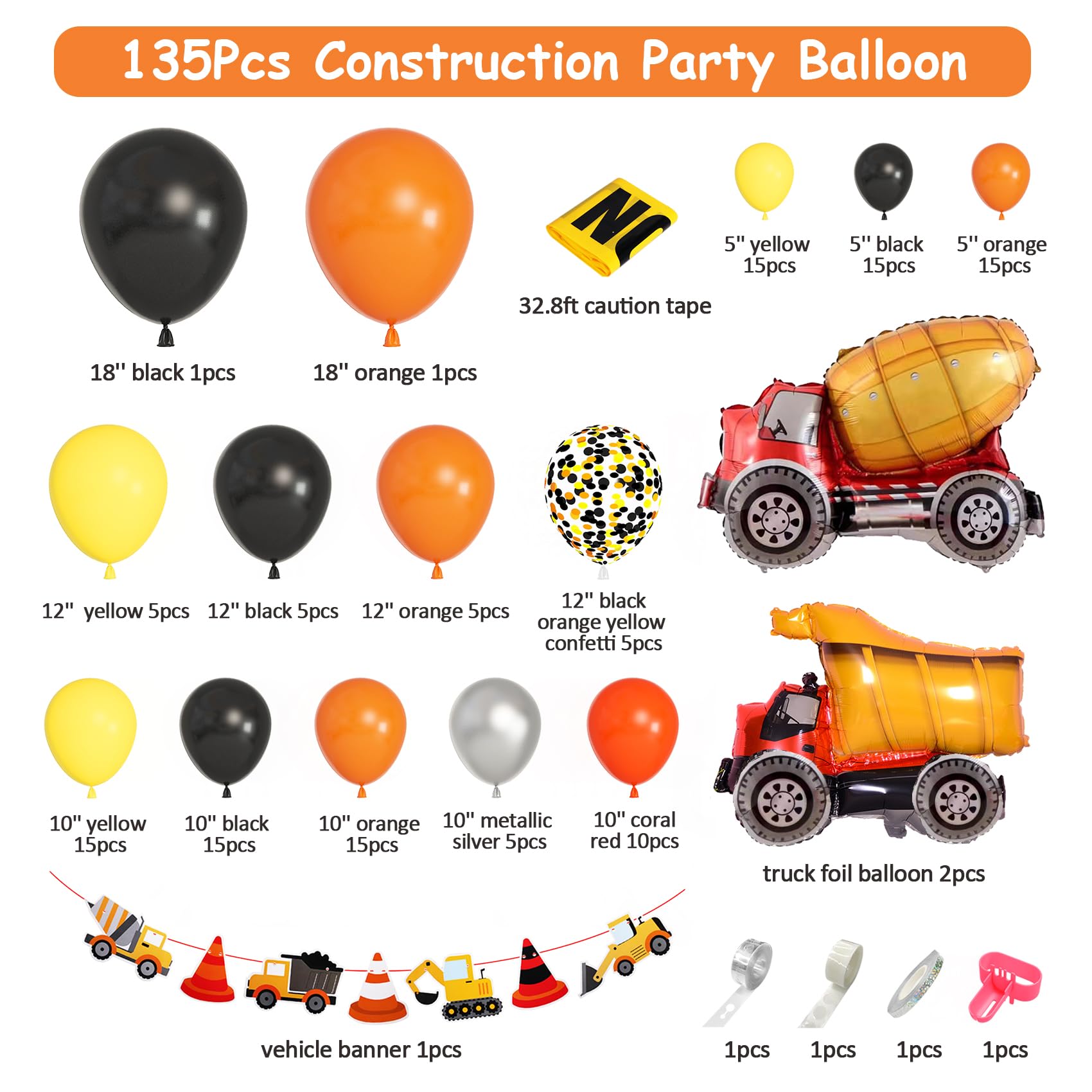 Amandir Construction Party Balloon Garland Kit, Construction Birthday Party Supplies with Orange Black Truck Foil Balloon Caution Tape Truck Banner for Construction Quarantine Party Decorations