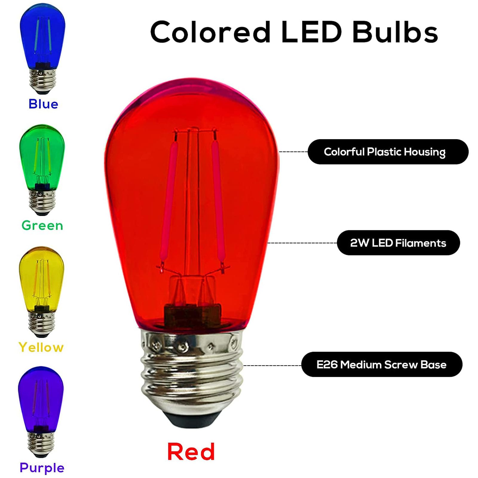 Banord Replacement LED Colored Bulbs, S14 2W 2700K Dimmable RGB Bulbs Outdoor String Lights Vintage Filament LED Edison Light Bulb, Waterproof & Shatterproof E26 Screw Base Multicolor Bulbs 15 Pack