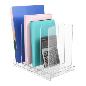 homakover acrylic desk organizer and file organizer, 3 slots desktop file organizer standing rack on table for magazines, binders, mails & cd records storage holder with detachable dividers