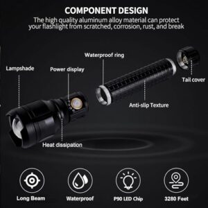 LBE Rechargeable Led Flashlights, Super Bright 900,000 High Lumens Flashlights with 5 Modes, IPX7 Waterproof Handheld Large Flash Light Powerful Flashlight for Emergencies Camping