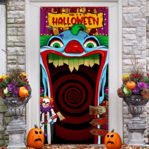 creepy clown halloween decoration door cover scary carnival halloween clown door banner evil circus entrance theme door cover for halloween party front door decoration supplies, 70.9 x 35.4 inch