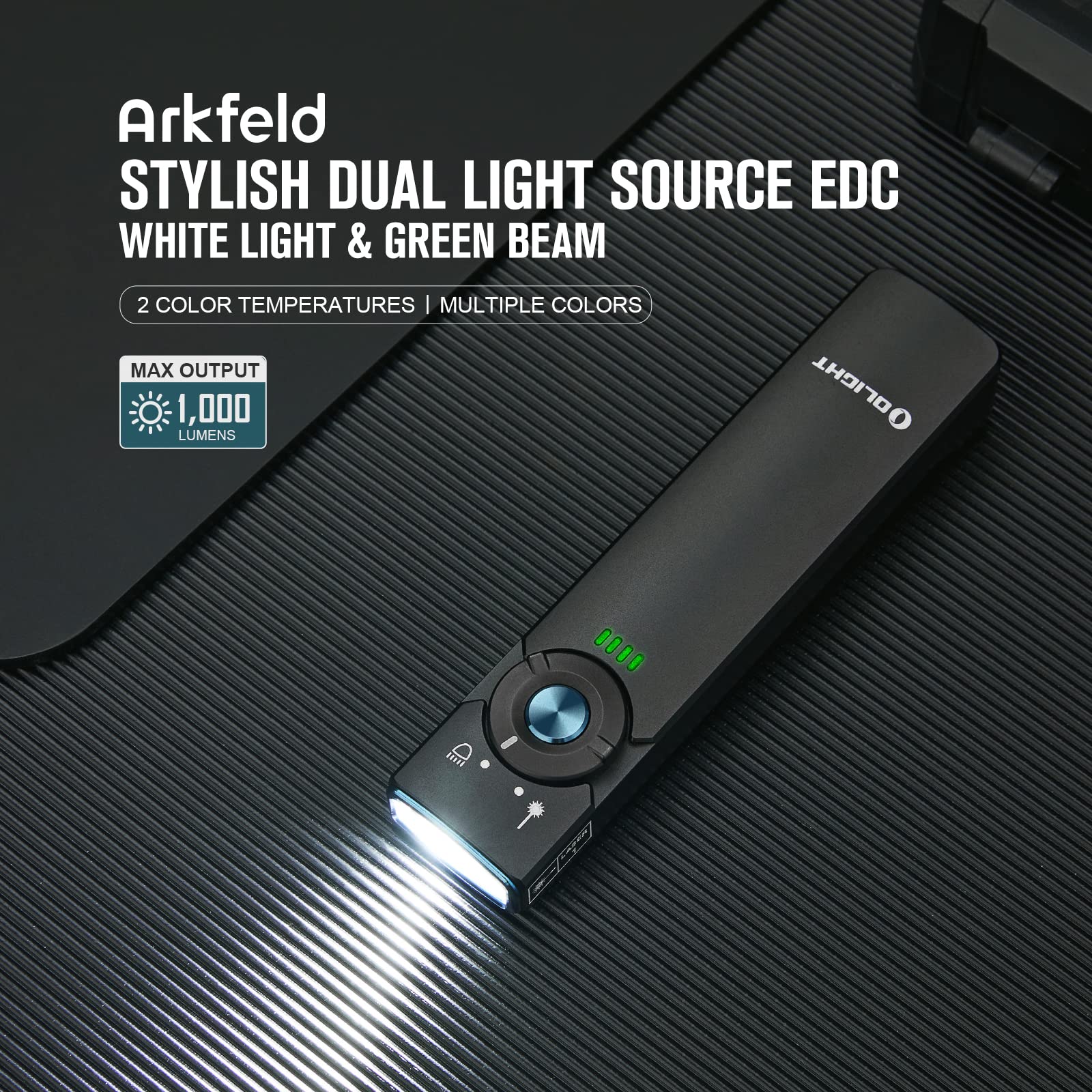 OLIGHT Arkfeld Flat Flashlight 1000 Lumens Dual Light Source EDC Lights with Green Beam and White LED Combo, with Rechargeable Built-in Battery for Outdoors, Emergency, Work (Black Cool White)