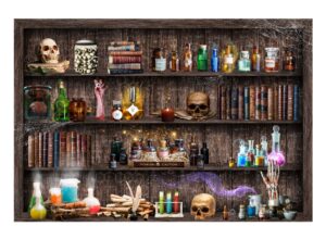 funnytree 82" x 59" mad scientist laboratory backdrop for kids boy halloween spooktakular creepy skull poison apothecary witch kitchen birthday baby shower party supplies decorations banner background