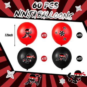 60 Pcs Ninja Balloons for Kids Ninja Birthday Party Favors Ninja Party Decorations Ninja Theme Party Supplies, Black and Red Latex Balloons