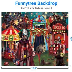 Funnytree 10x8FT Halloween Evil Circus Theme Backdrop for Photography Clown Creepy Carnival Haunted House Horror Scary Birthday Party Decorations Banner Home Decor Photo Booth Props Background