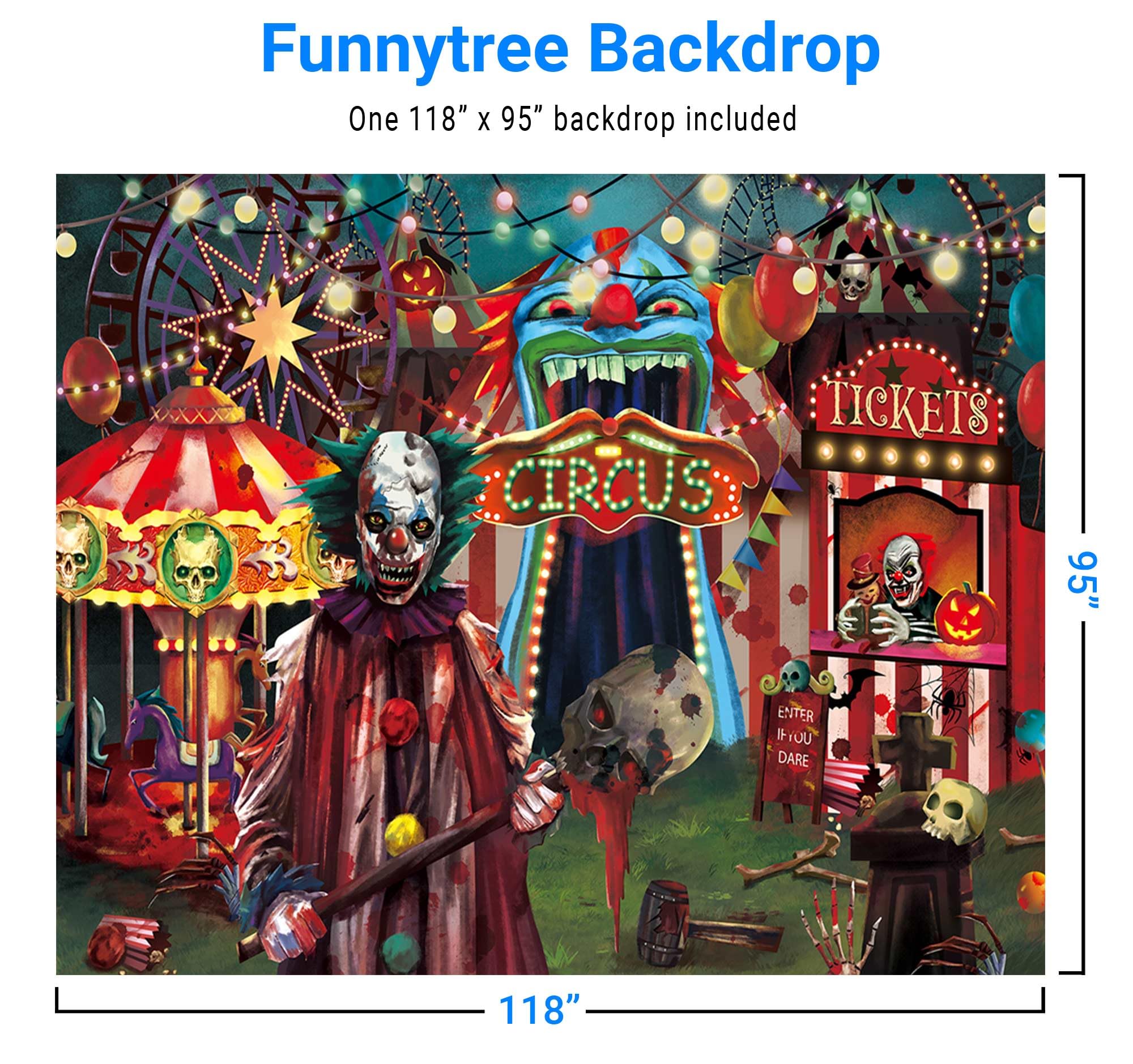 Funnytree 10x8FT Halloween Evil Circus Theme Backdrop for Photography Clown Creepy Carnival Haunted House Horror Scary Birthday Party Decorations Banner Home Decor Photo Booth Props Background