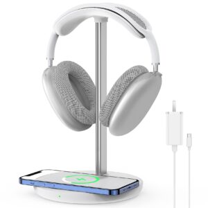 headphone stand with wireless charger, gaming headset holder hanger rack 2 in 1 wireless charging station dock for iphone 15/14/13/12/11 series, samsung, airpods pro/3/2 and desk all headphones, white
