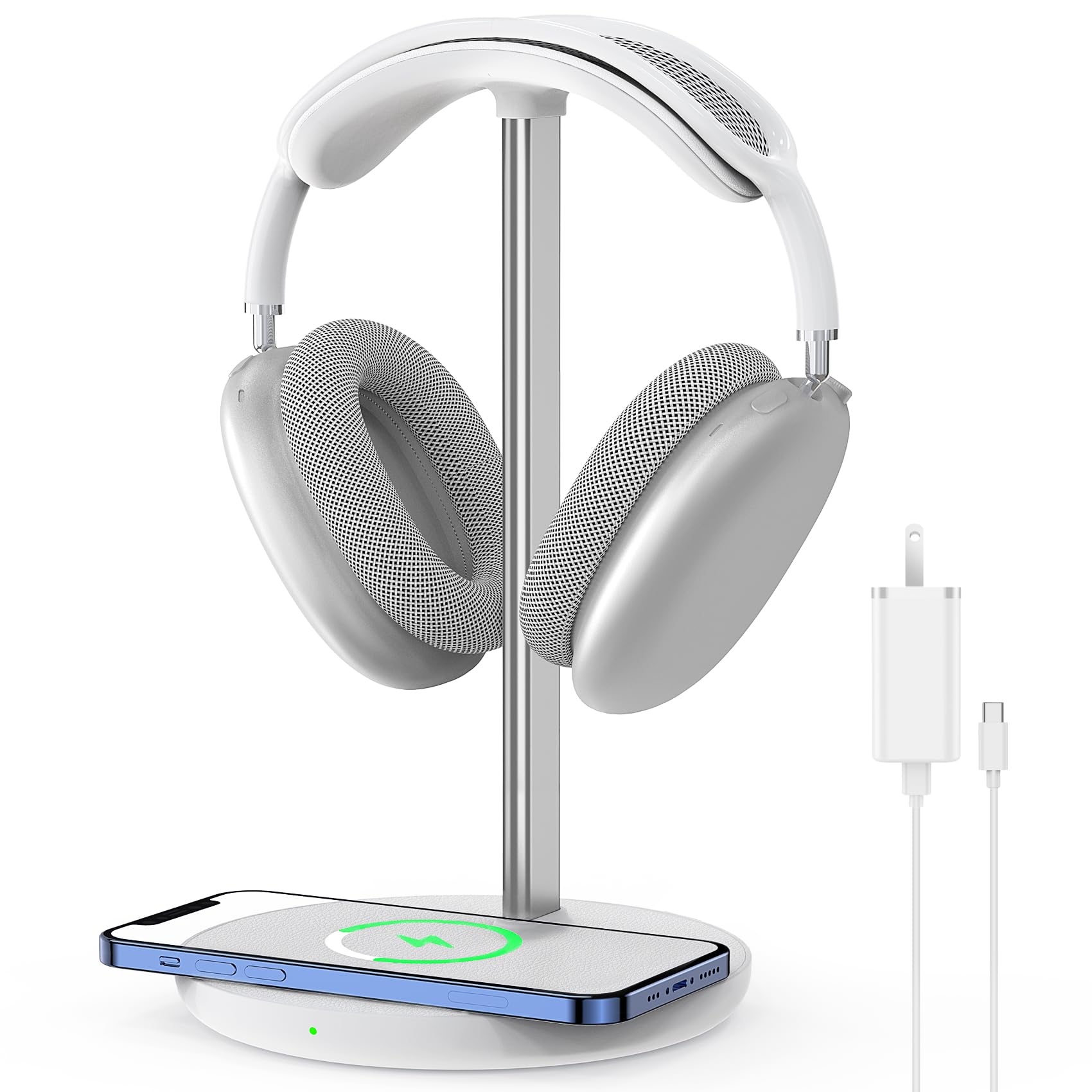 Headphone Stand with Wireless Charger, Gaming Headset Holder Hanger Rack 2 IN 1 Wireless Charging Station Dock for iPhone 15/14/13/12/11 Series, Samsung, AirPods Pro/3/2 and Desk All Headphones, White