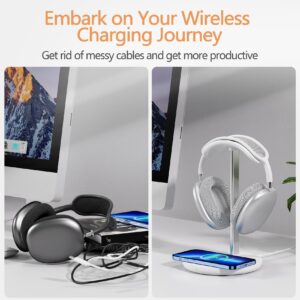 Headphone Stand with Wireless Charger, Gaming Headset Holder Hanger Rack 2 IN 1 Wireless Charging Station Dock for iPhone 15/14/13/12/11 Series, Samsung, AirPods Pro/3/2 and Desk All Headphones, White