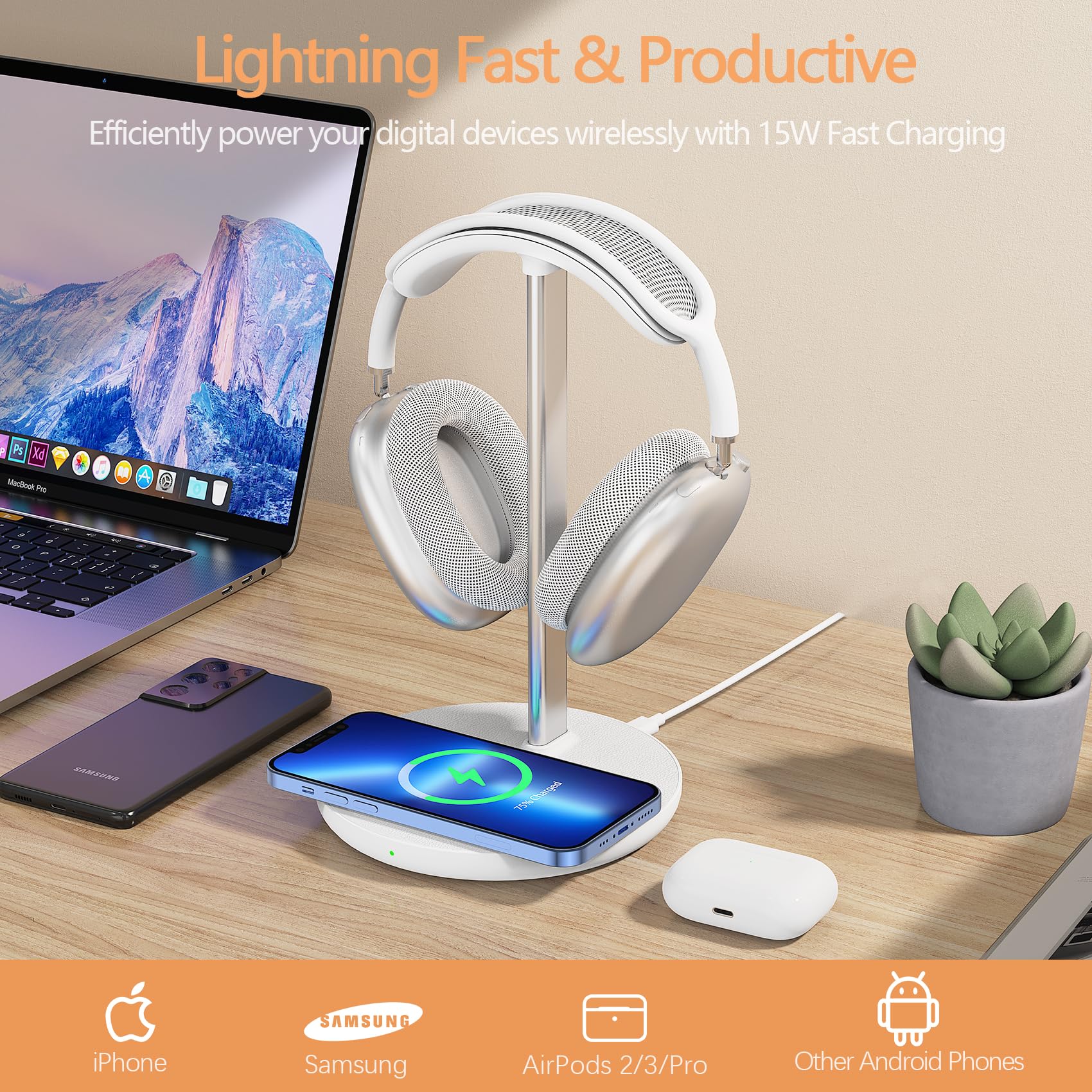 Headphone Stand with Wireless Charger, Gaming Headset Holder Hanger Rack 2 IN 1 Wireless Charging Station Dock for iPhone 15/14/13/12/11 Series, Samsung, AirPods Pro/3/2 and Desk All Headphones, White