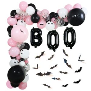 halloween party balloon arch garland kit, 125pcs 18" 12" 5" black pink latex balloons 18" boo foil balloon with 3d pvc bat halloween decorations pack for halloween party decorations halloween supplies